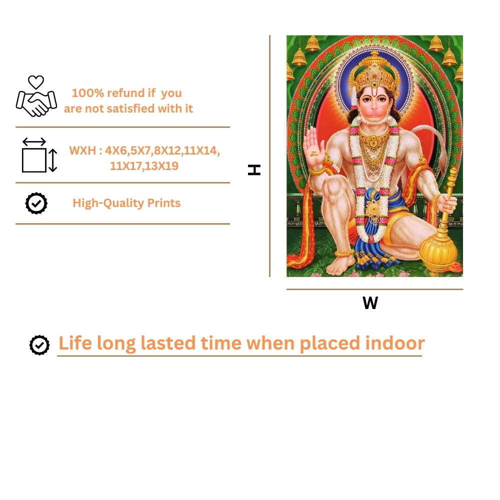 Lord Hanuman Wall Art – Seated Lord Hanuman with Gada Hindu God Photo Frame