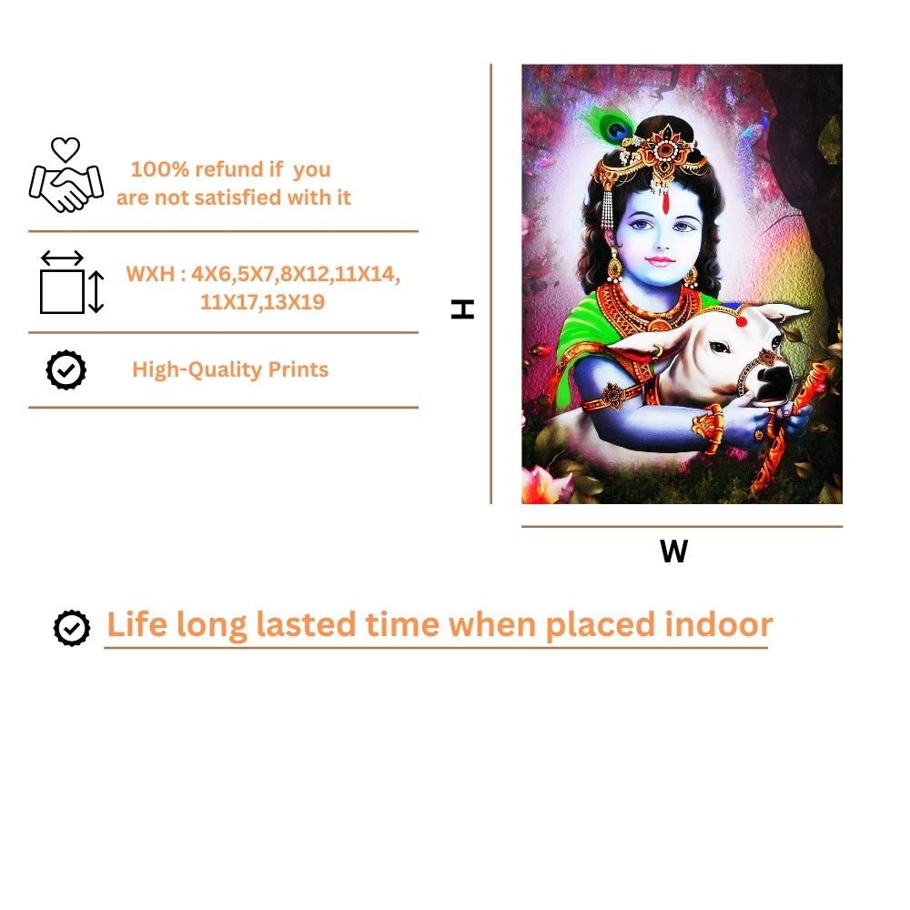 Bal Krishna with Cow Wall Art – Lord Krishna Hindu God Devotional Photo Frame