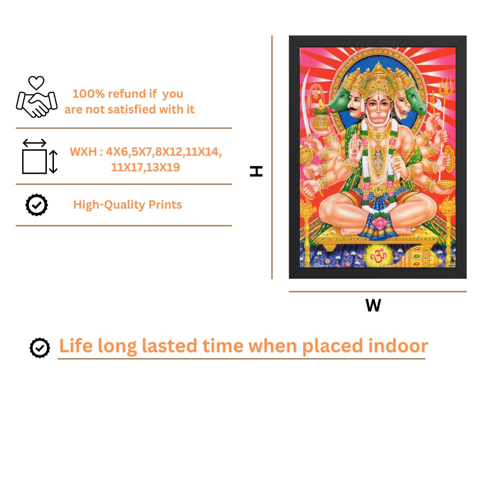 Panchmukhi Hanuman Wall Art – Five-Faced Lord Hanuman Hindu God Framed Photo