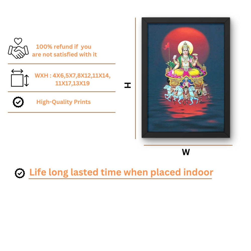 Surya Dev Wall Art – Lord Surya with Seven Horses Hindu God Photo Frame for Home & Puja Room