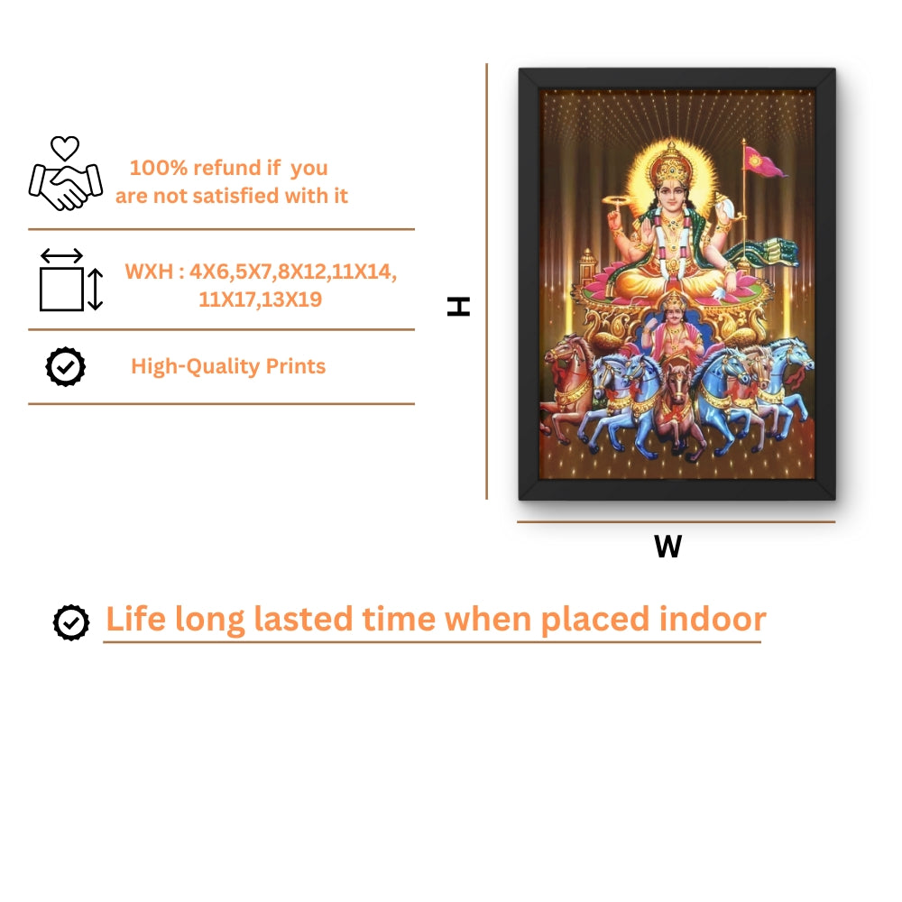 Surya Dev Wall Art – Lord Surya with Seven Horses Hindu God Photo Frame for Home & Puja Room