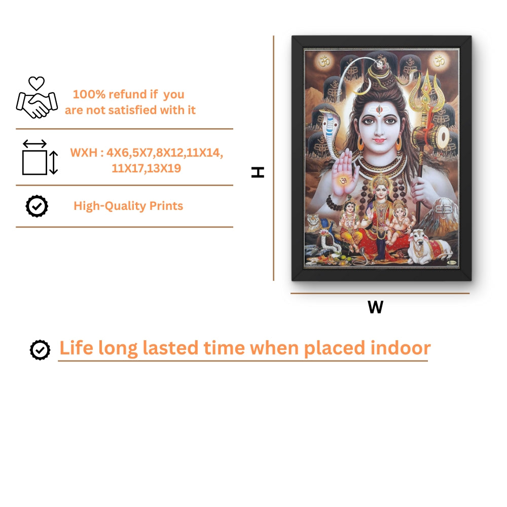 Lord Shiva Family Wall Art – Mahadev with Parvati, Ganesha & Kartikeya Hindu God Photo Frame