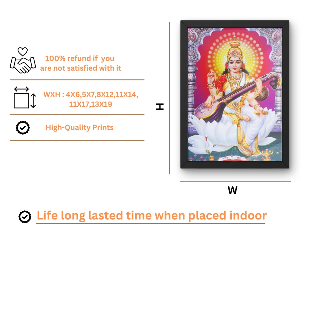 Goddess Saraswati Wall Art – Maa Saraswati Veena Hindu Goddess Photo Frame for Home & Puja Room Description