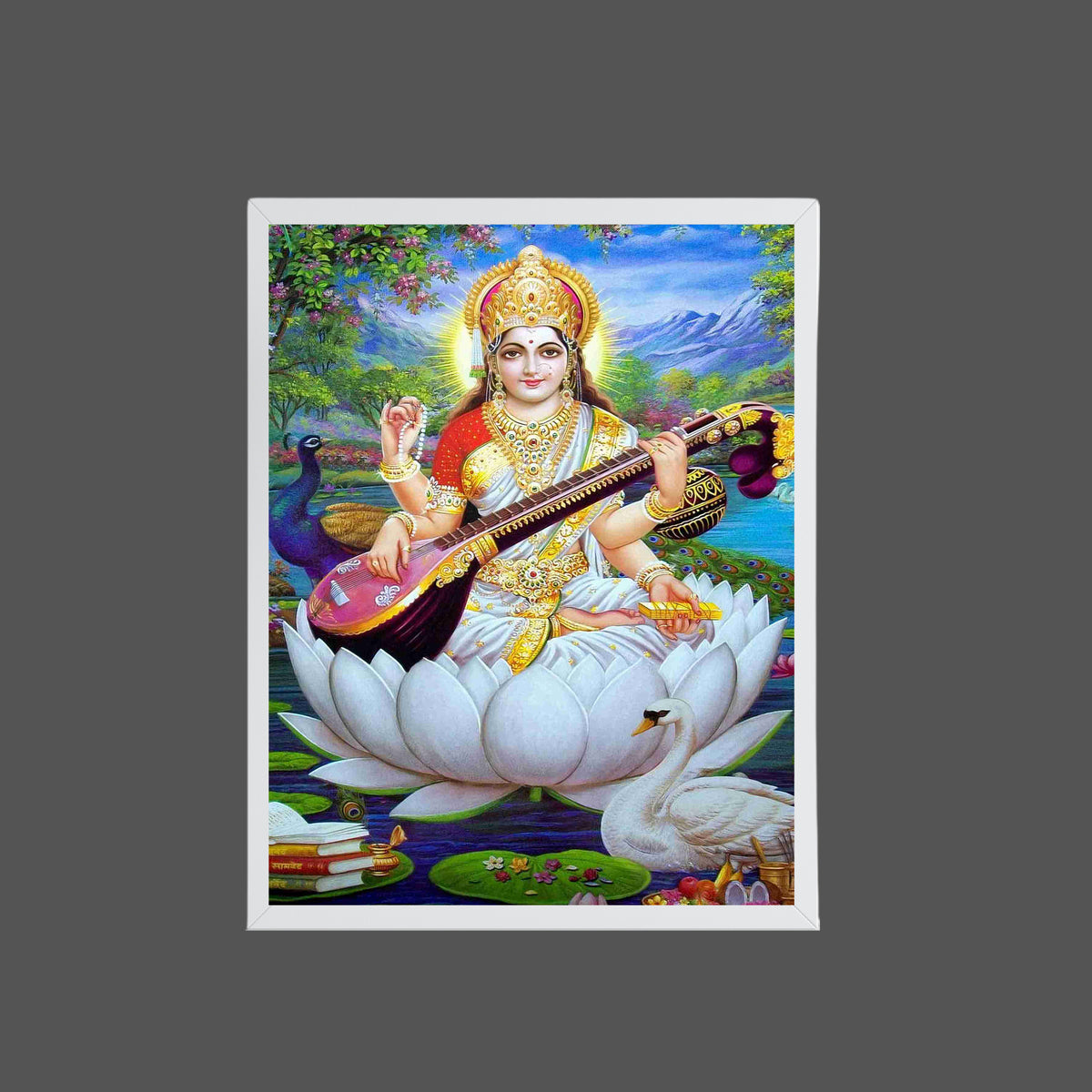 Goddess Saraswati Wall Art – Maa Saraswati with Veena Hindu Goddess Photo Frame