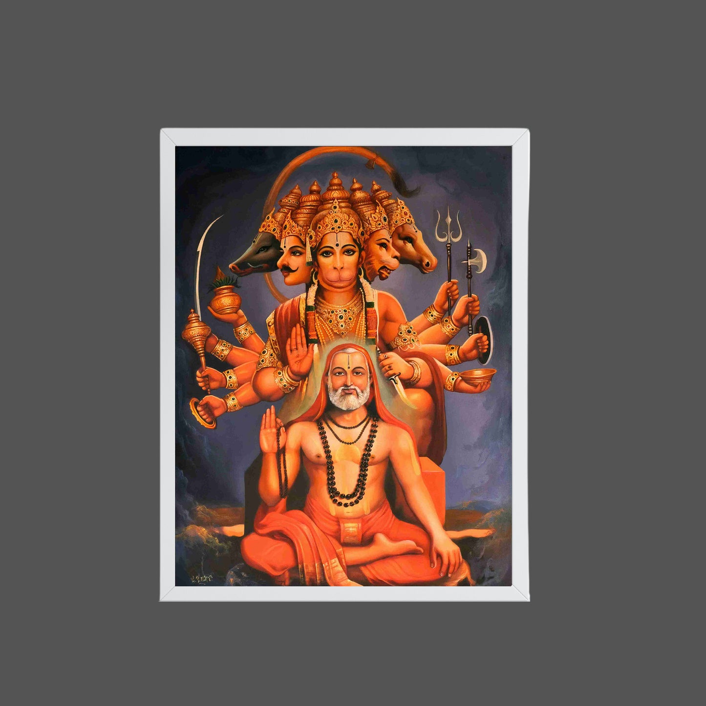 Panchmukhi Hanuman & Guru Wall Art – Five-Faced Lord Hanuman Spiritual Photo Frame