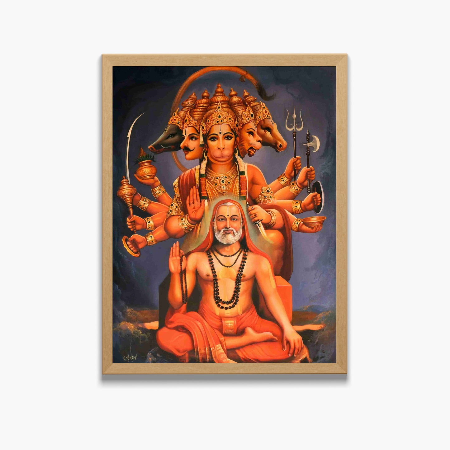 Panchmukhi Hanuman & Guru Wall Art – Five-Faced Lord Hanuman Spiritual Photo Frame