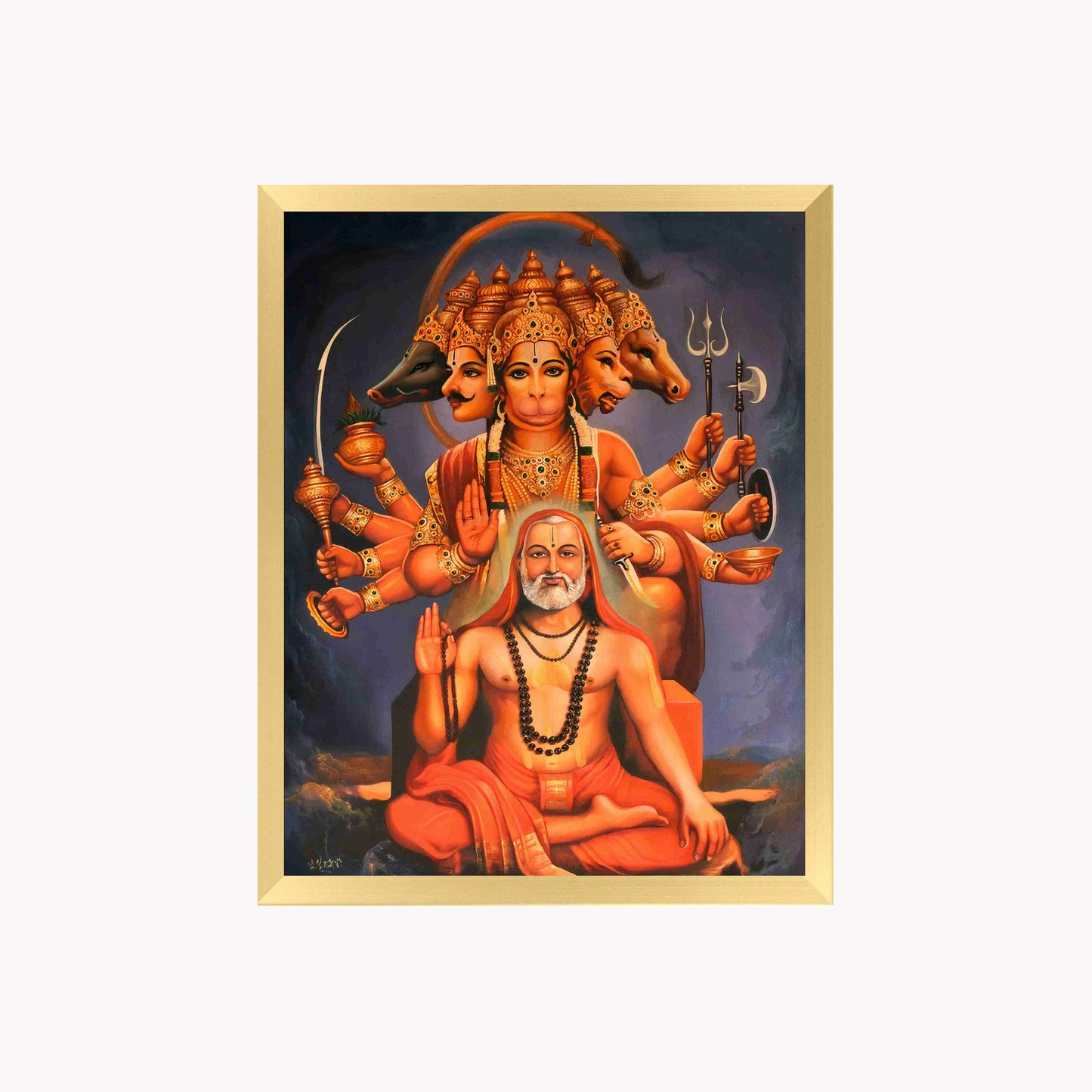 Panchmukhi Hanuman & Guru Wall Art – Five-Faced Lord Hanuman Spiritual Photo Frame