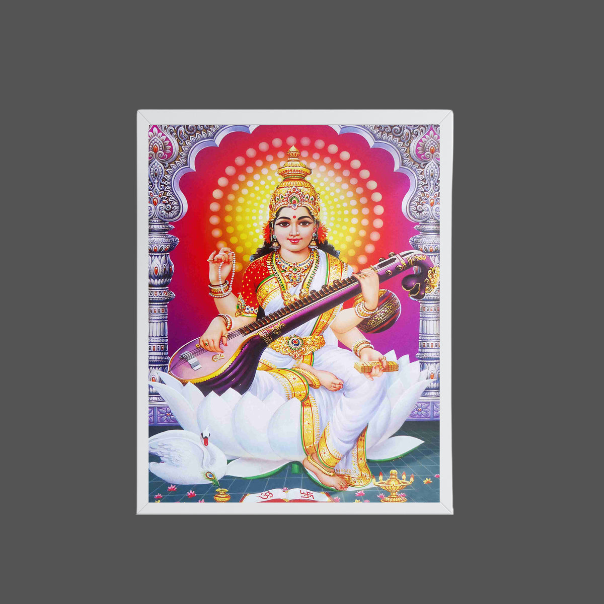 Goddess Saraswati Wall Art – Maa Saraswati Veena Hindu Goddess Photo Frame for Home & Puja Room  Description