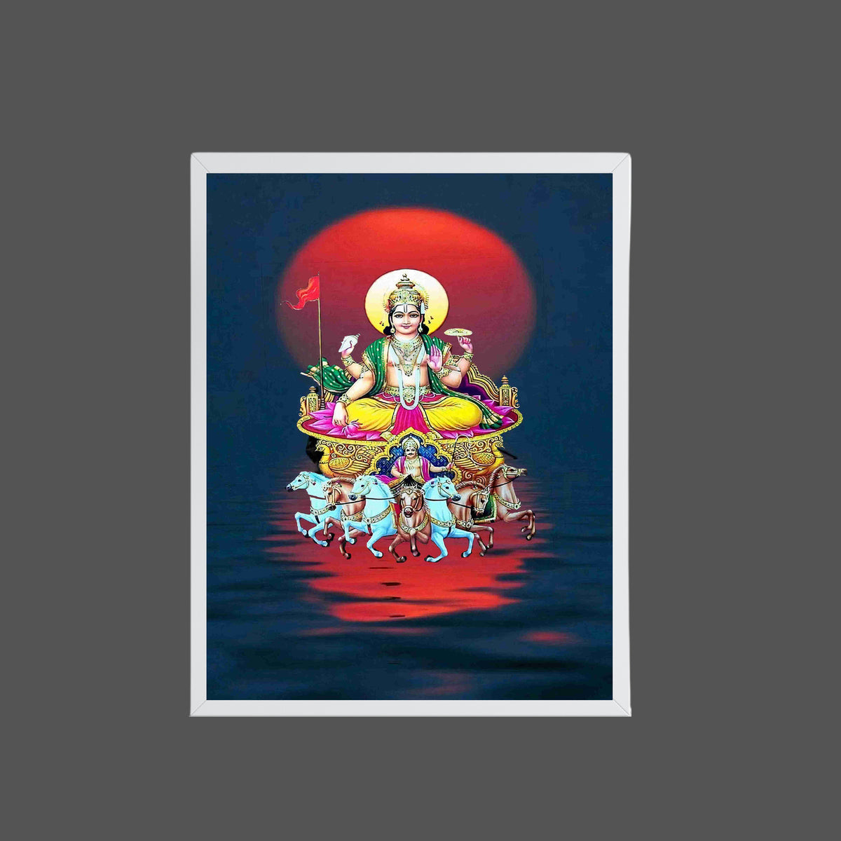 Surya Dev Wall Art – Lord Surya with Seven Horses Hindu God Photo Frame for Home & Puja Room