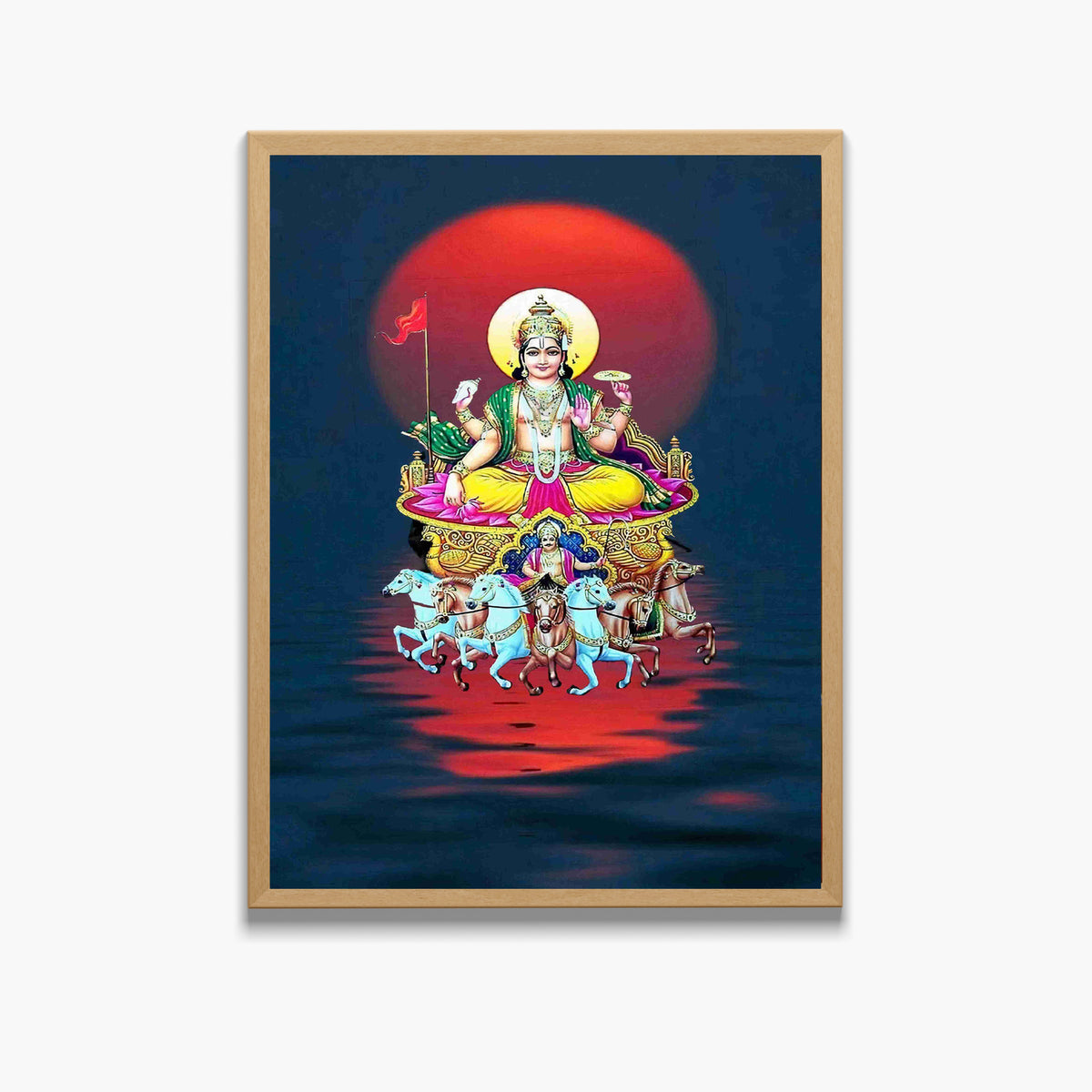 Surya Dev Wall Art – Lord Surya with Seven Horses Hindu God Photo Frame for Home & Puja Room