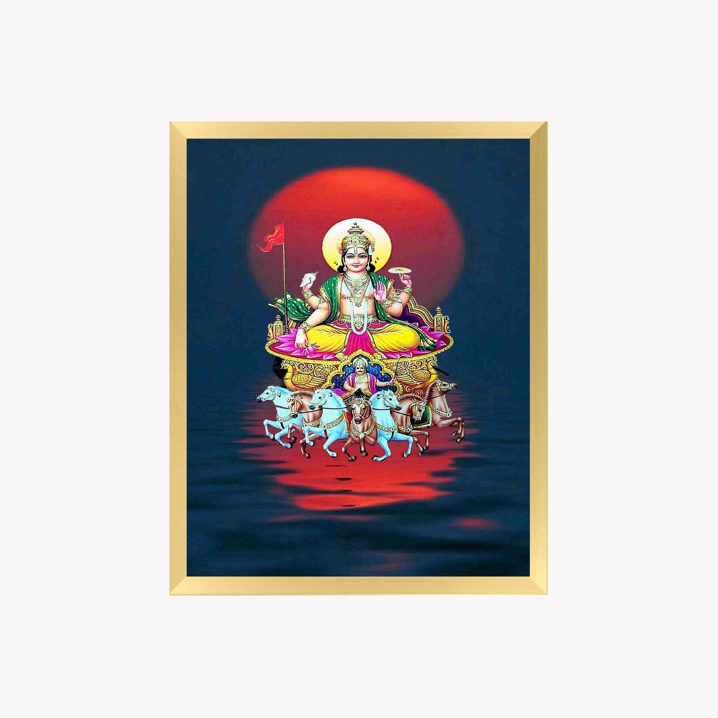 Surya Dev Wall Art – Lord Surya with Seven Horses Hindu God Photo Frame for Home & Puja Room