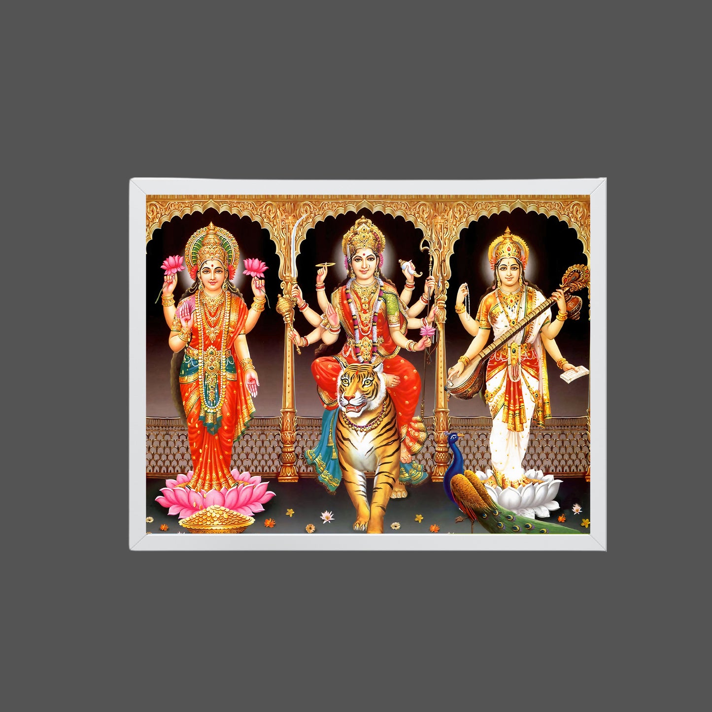 Goddess Durgadevi with Mahalaxmi and Saraswathi devi Wall Art - Durgadevi with Mahalaxmi and Saraswathi devi Hindu God Photo Frame