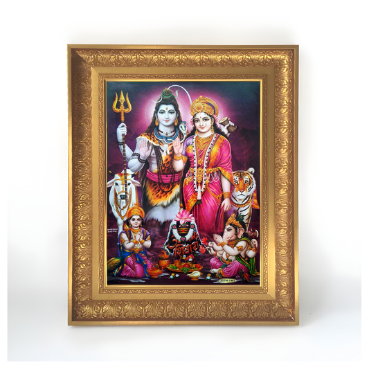 Premium Lord Shiva Parvati Wall Art – Shiva Parivar Hindu God Photo Frame with Ganesha and Kartikeya