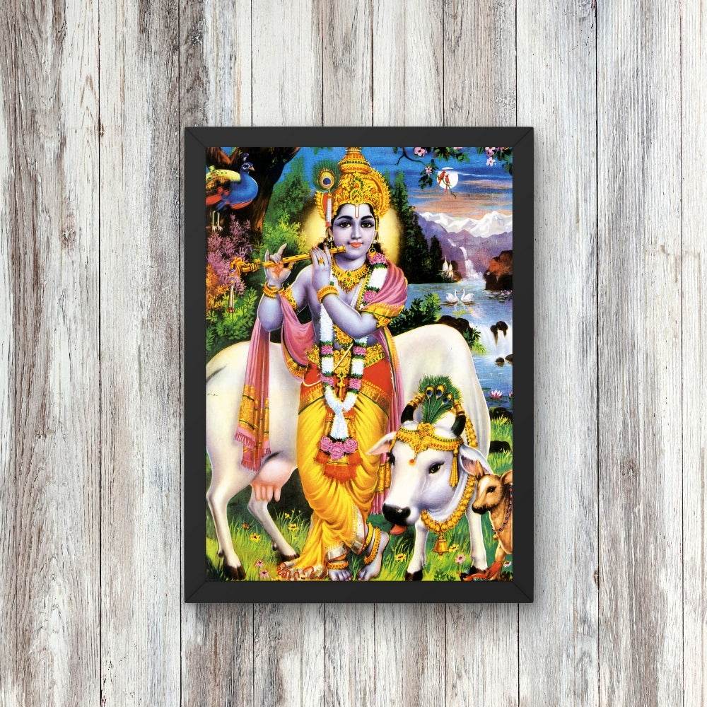 Lord Krishna with Cows Wall Art – Shri Krishna Playing Flute Hindu God Photo Frame