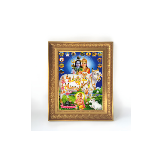 Premium Lord Shiva Parvati Wall Art – Shiva Parivar with Nandi & Lord Ganesha Hindu God Photo Frame