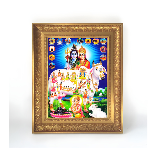 Premium Kamadhenu Wall Art – Sacred Divine Cow with Shiva Parvati & Hindu Gods Photo Frame