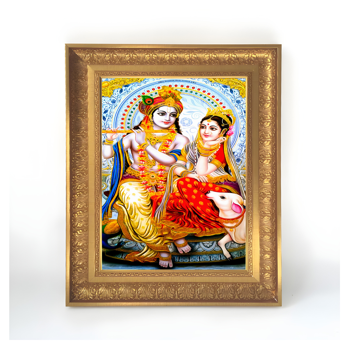 Premium Radha Krishna Wall Art – Lord Krishna & Radha with Cow Hindu God Photo Frame