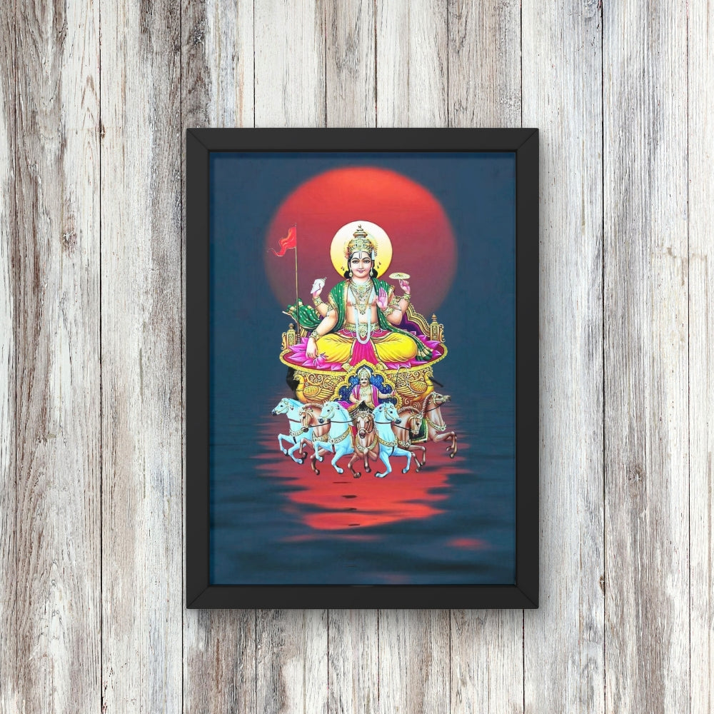 Surya Dev Wall Art – Lord Surya with Seven Horses Hindu God Photo Frame for Home & Puja Room