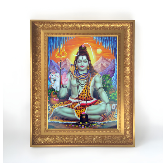 Premium Lord Shiva Wall Art – Mahadev Shiva with Nandi & Shiva Lingam Hindu God Photo Frame