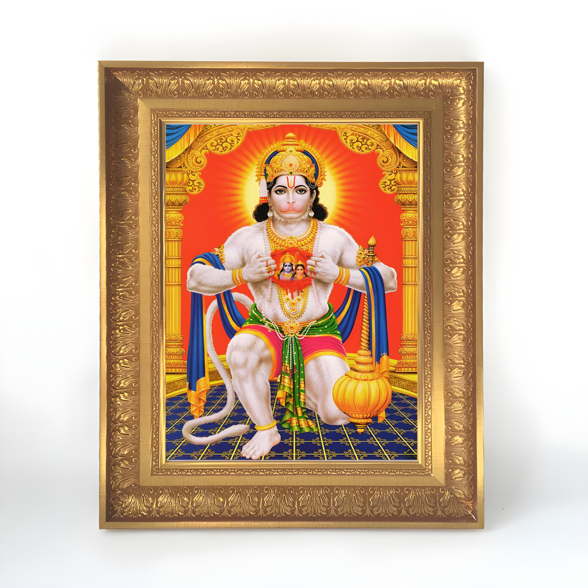 Premium Lord Hanuman Wall Art – Seated Lord Hanuman with Gada Hindu God Photo Frame
