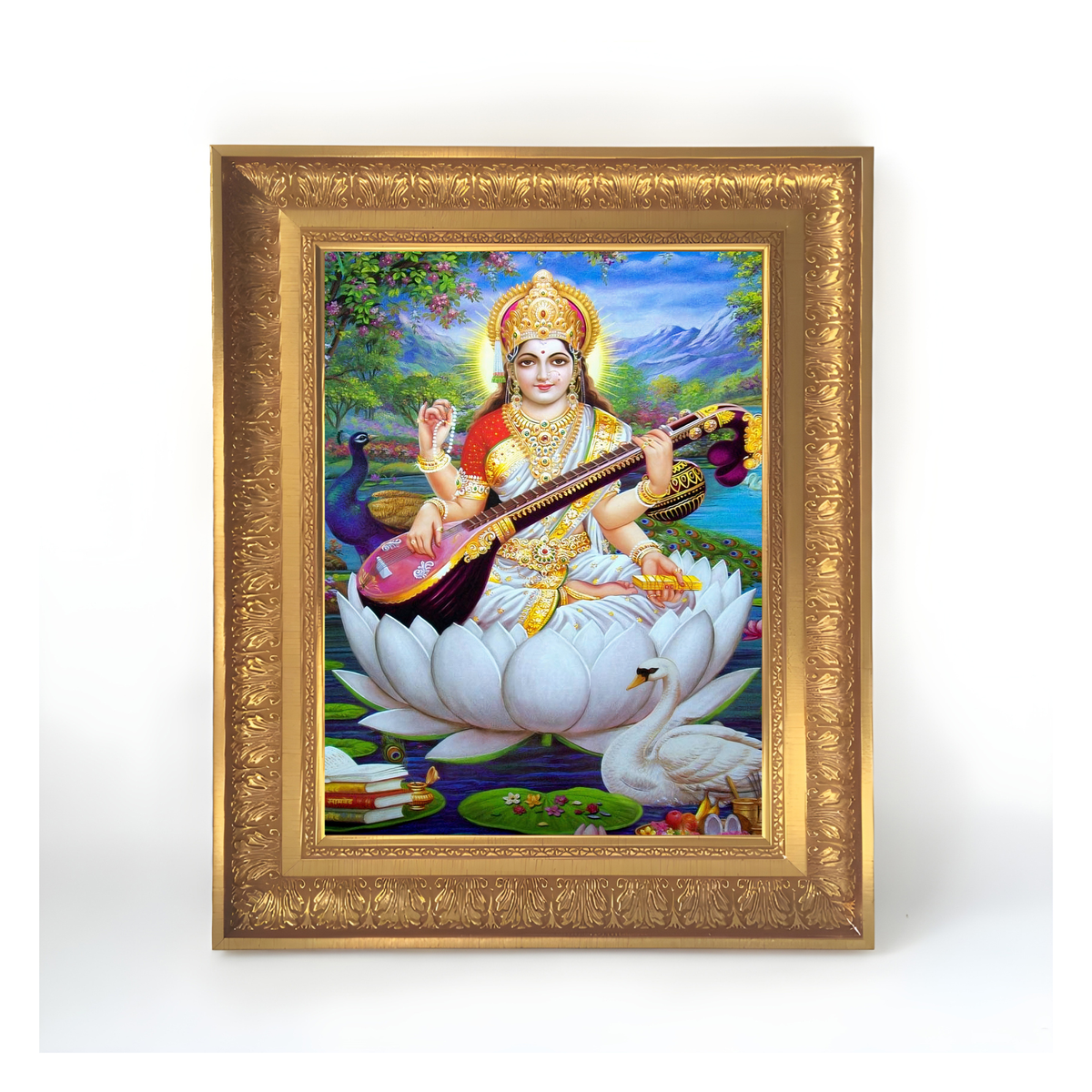 Premium Goddess Saraswati Wall Art – Maa Saraswati with Veena Hindu Goddess Photo Frame