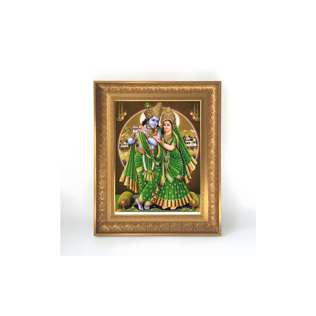 Premium Radha Krishna Wall Art – Lord Krishna Playing Flute with Goddess Radha Hindu Divine Couple Photo