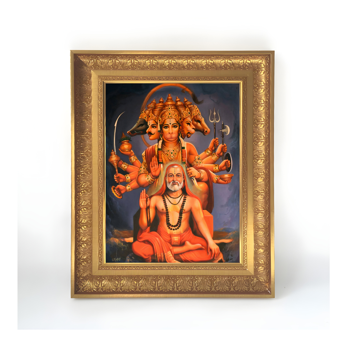 Premium Panchmukhi Hanuman Wall Art with Ragavendra swamy – Five-Faced Lord Hanuman Hindu God Photo Frame | Spiritual Home Décor