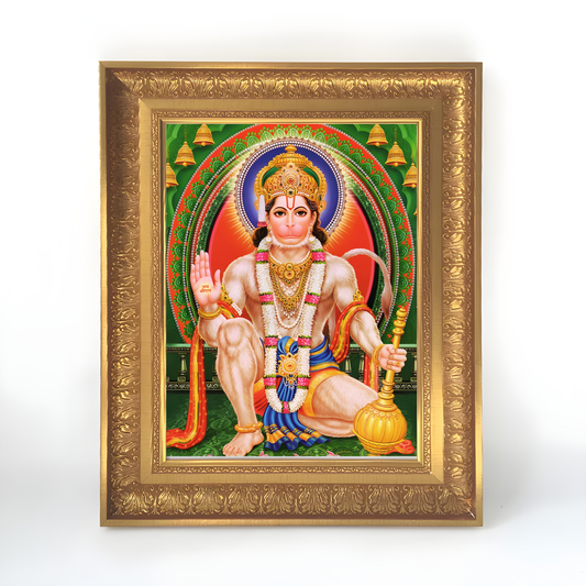 Premium Lord Hanuman Wall Art – Seated Lord Hanuman with Gada Hindu God Photo Frame
