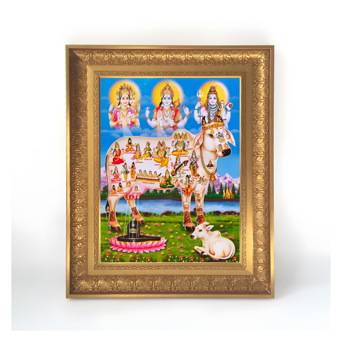 Premium Kamadhenu Wall Art – Divine Cow with Hindu Gods & Deities Hindu Religious Photo Frame