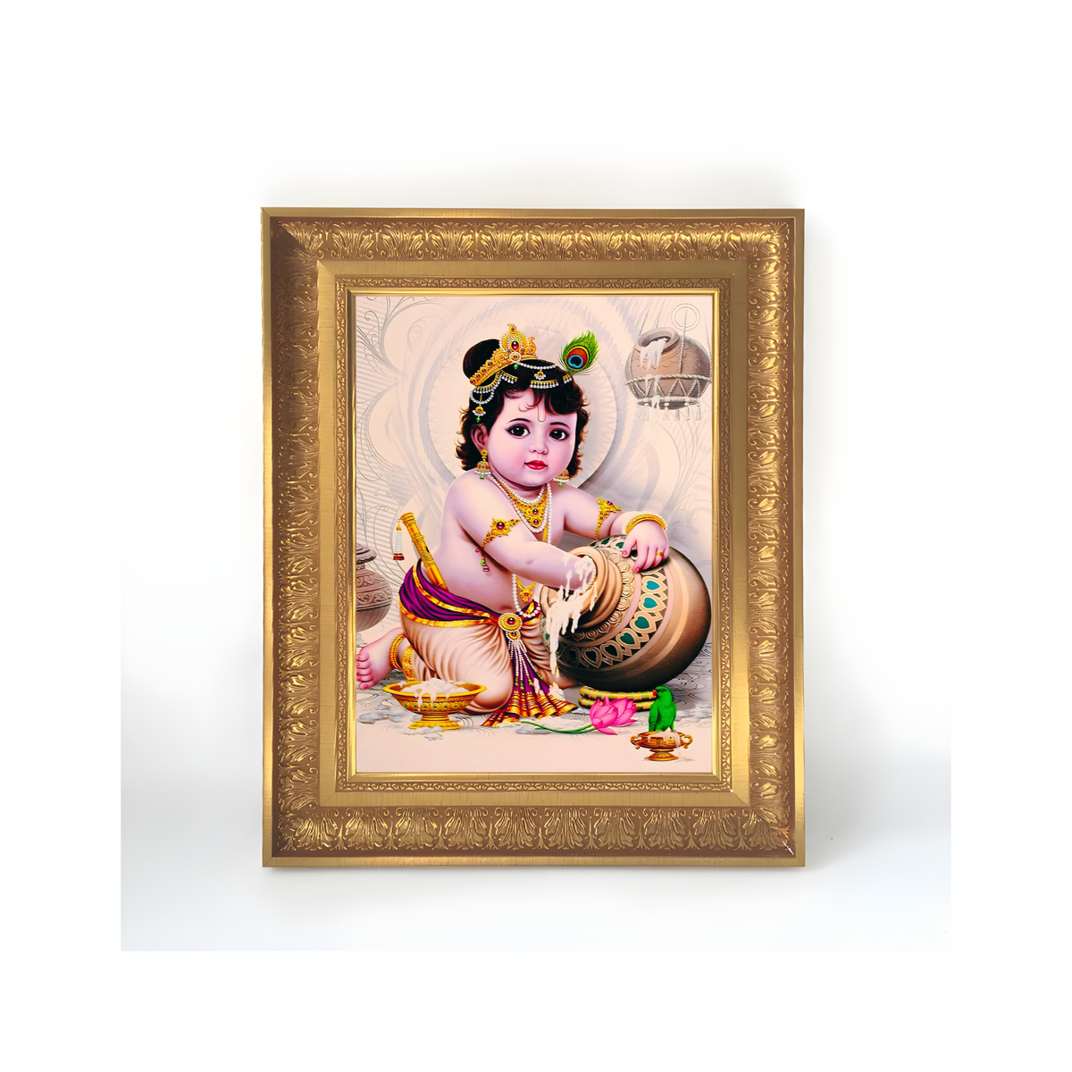 Premium Balakrishna Wall Art – Baby Krishna with Butter Hindu God Photo Frame