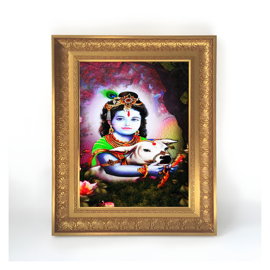 Premium Bal Krishna Wall Art – Little Lord Krishna with Cow Hindu God Photo Frame