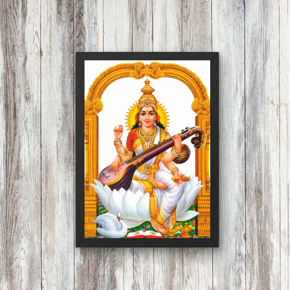 Goddess Saraswati Wall Art – Maa Saraswati with Veena Hindu Goddess Photo Frame