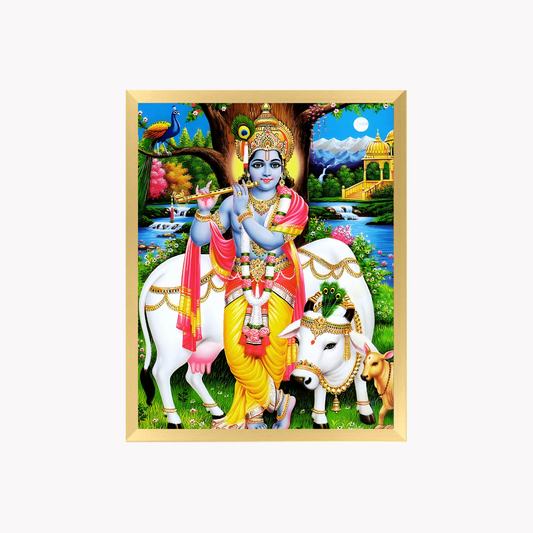 Lord Krishna with Kamadhenu Wall Art – Krishna Playing Flute with Sacred Cow Photo Frame