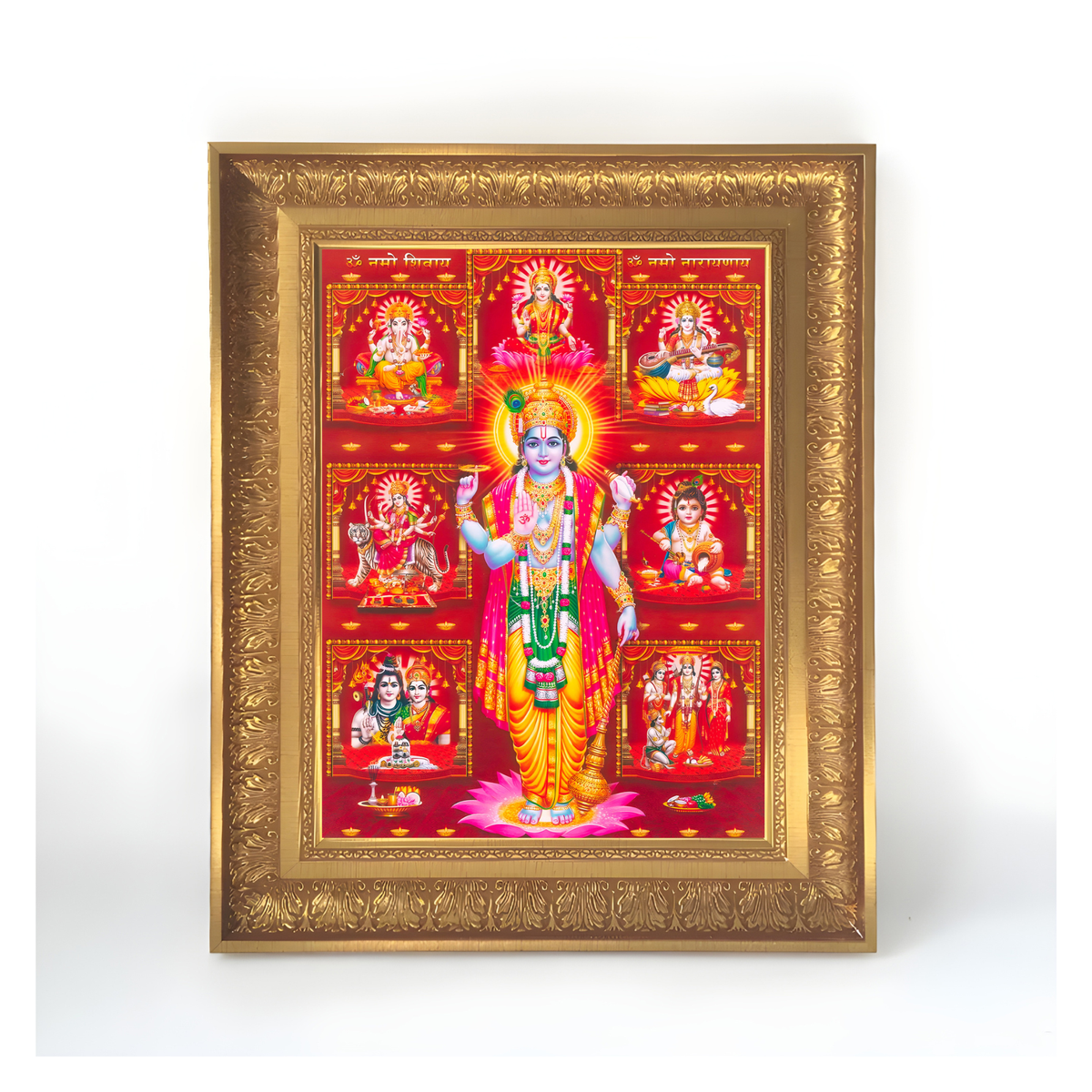 Premium Lord Vishnu Wall Art – Lord Vishnu with Ganesha, Lakshmi, Saraswati & Hindu Deities Photo Frame