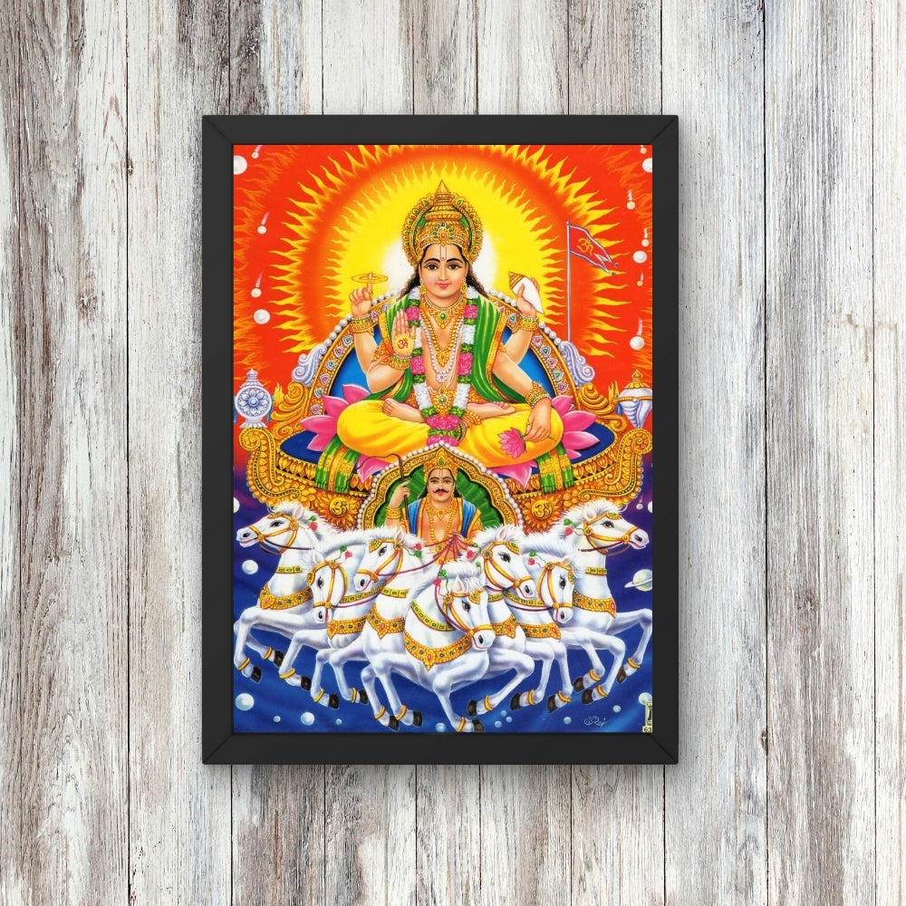 Surya Dev Wall Art – Lord Surya Sun God on Seven Horses Hindu Religious Photo Frame