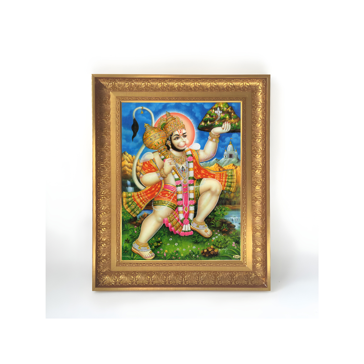Premium Hanuman Sanjeevani Wall Art – Lord Hanuman Carrying Sanjeevani Mountain Hindu God Photo Frame