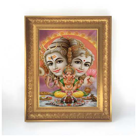 Premium Shiv Parivar Wall Art – Lord Shiva Parvati with Lord Ganesha Hindu God Photo Frame