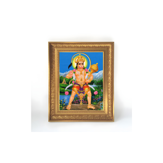 Premium Lord Hanuman Wall Art – Bajrangbali with Gada Hindu God Photo Frame