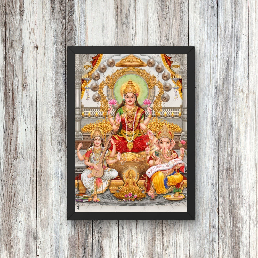 Lakshmi Ganesha Saraswati Wall Art – Hindu Goddess Lakshmi, Lord Ganesha & Goddess Saraswati Photo Frame