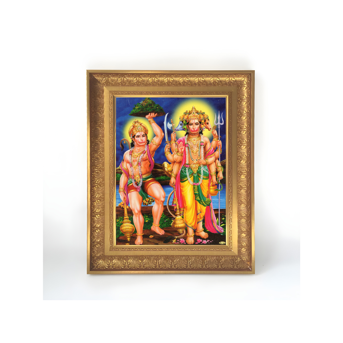 Premium Panchmukhi Hanuman Wall Art – Five-Faced Hanuman with Sanjeevani Mountain Hindu God Photo Frame
