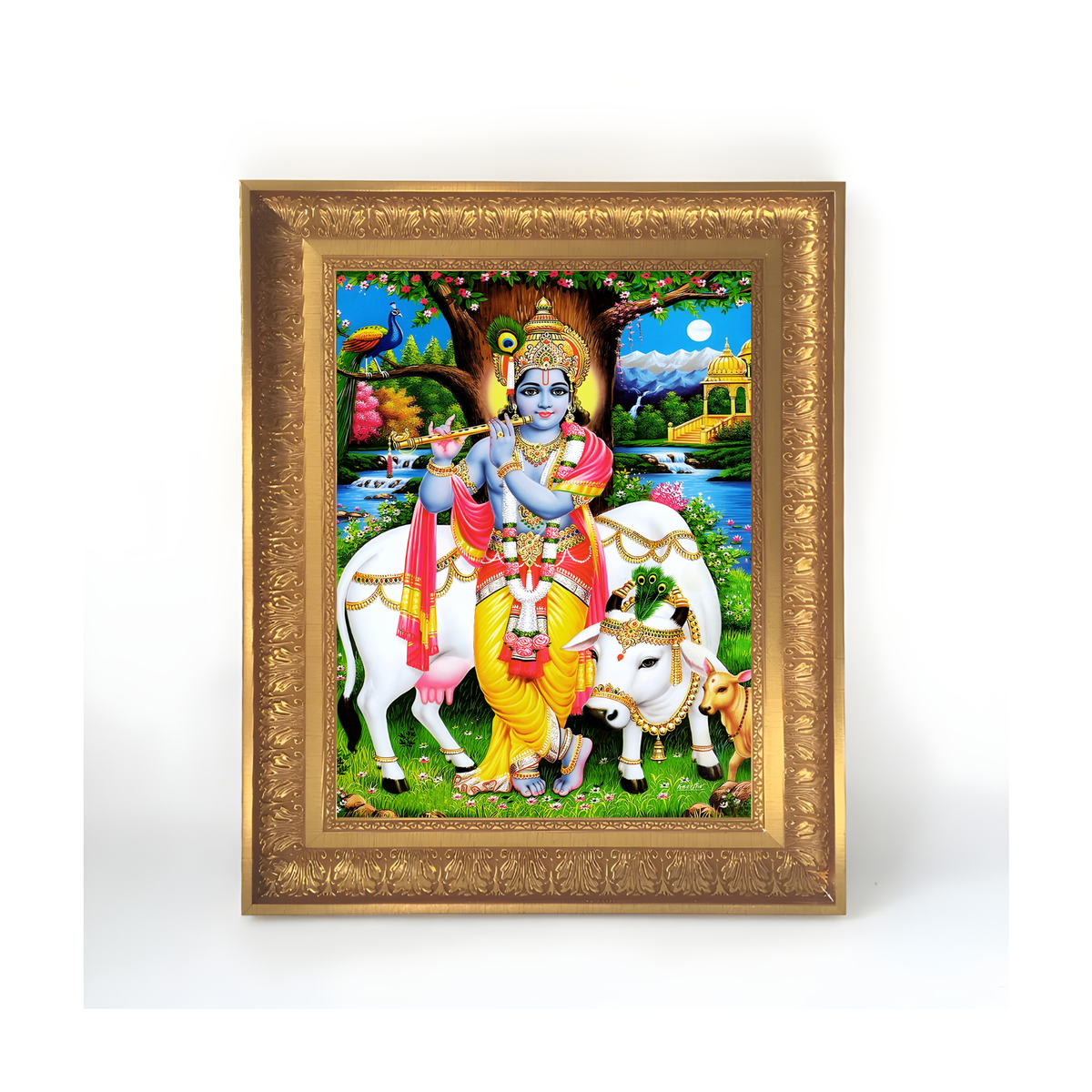Premium Lord Krishna with Kamadhenu Wall Art – Krishna Playing Flute with Sacred Cow Photo Frame
