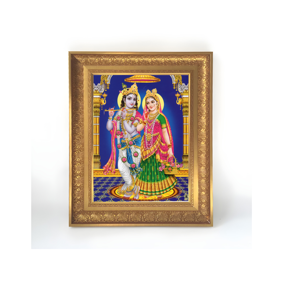 Premium Radha Krishna Wall Art – Lord Krishna Playing Flute with Goddess Radha Hindu Divine Couple Photo Frame