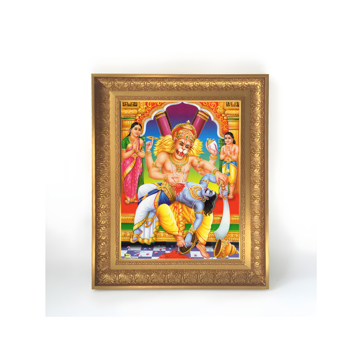 Premium Lord Narasimha Wall Art – Ugra Narasimha Killing Hiranyakashipu Hindu God Devotional Photo Frame