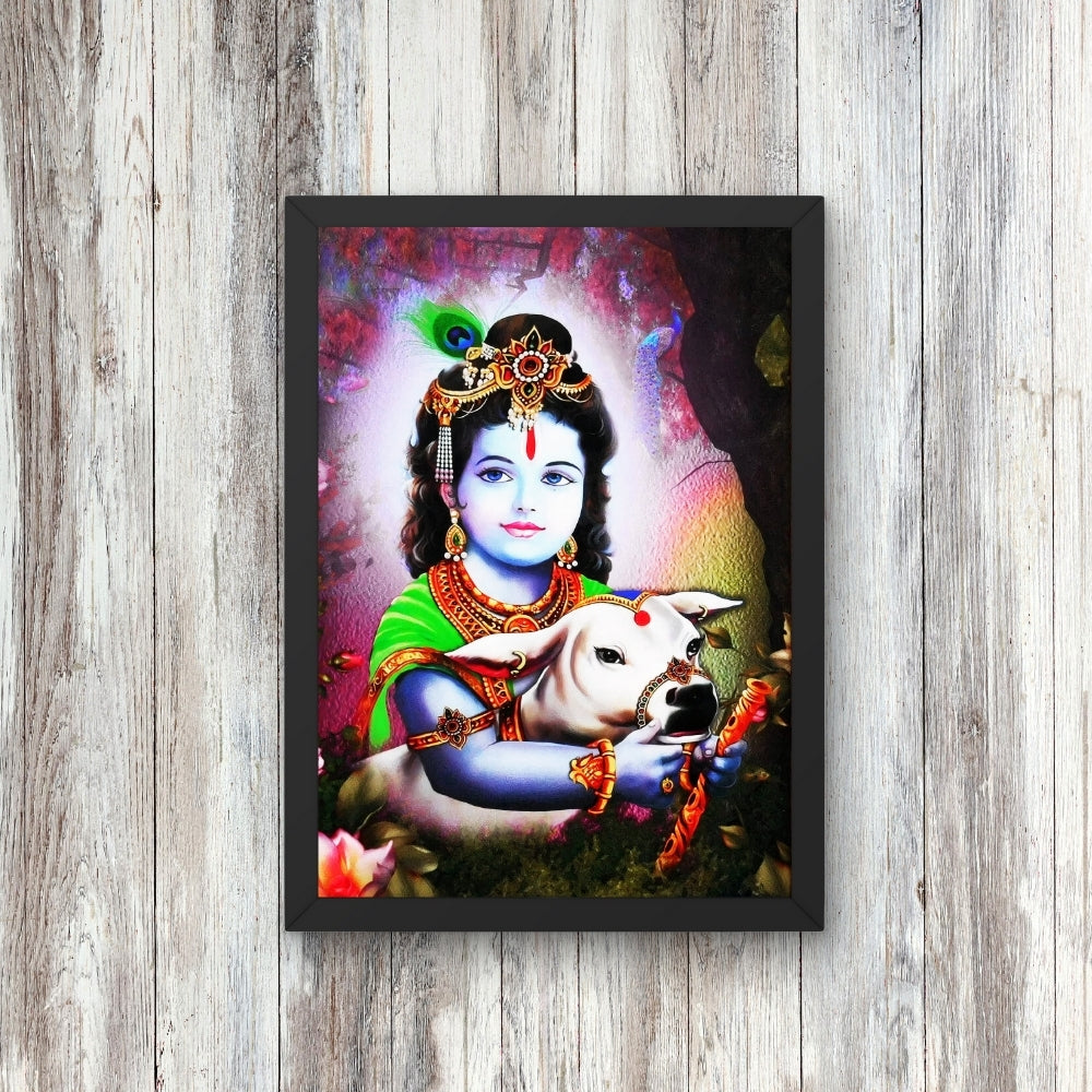 Bal Krishna with Cow Wall Art – Lord Krishna Hindu God Devotional Photo Frame