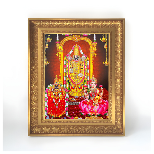 Premium Lord Venkateswara Wall Art – Tirupati Balaji with Goddess Lakshmi & Padmavati Hindu God Photo Frame
