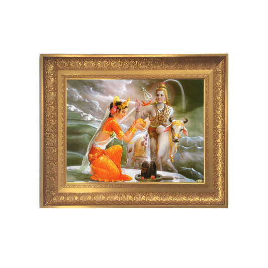 Premium Lord Shiva Parvati Wall Art – Mahadev Shivling Abhishekam Hindu God Photo Frame