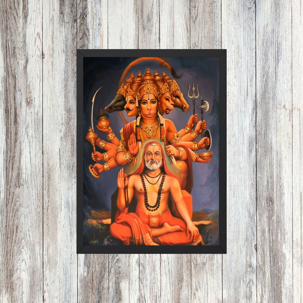 Panchmukhi Hanuman & Guru Wall Art – Five-Faced Lord Hanuman Spiritual Photo Frame