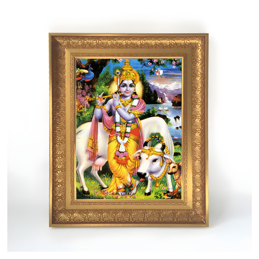 Premium Lord Krishna with Cows Wall Art – FlutePlaying Krishna Hindu God Photo Frame