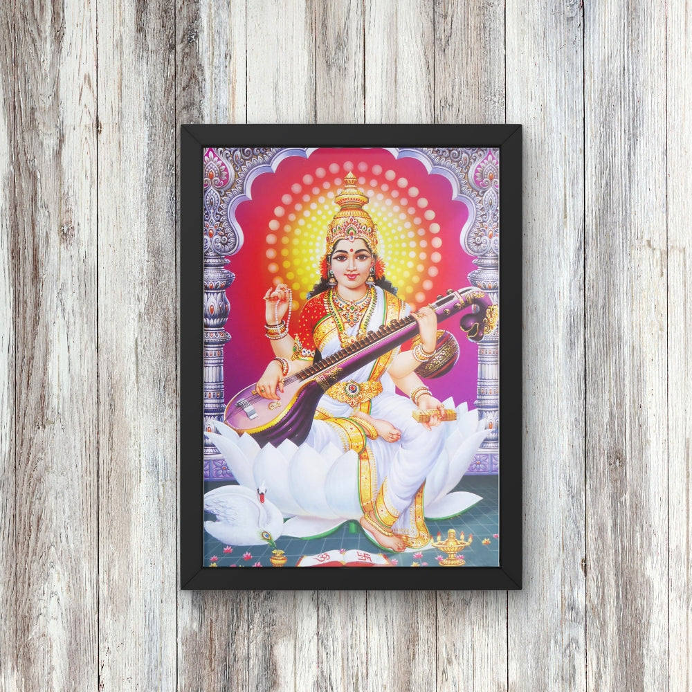 Goddess Saraswati Wall Art – Maa Saraswati Veena Hindu Goddess Photo Frame for Home & Puja Room  Description
