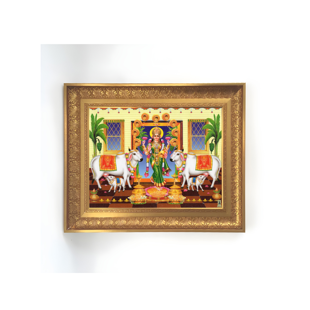 Premium Goddess Lakshmi with Kamadhenu Cows Wall Art – Hindu Goddess Lakshmi Photo Frame